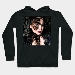 Beautiful girl, with mask. Like royal, but dark. Pale skin and red lips. So beautiful. Hoodie